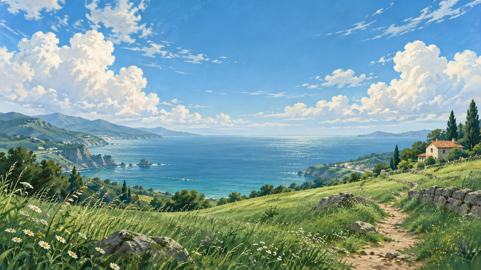 海边的夏日山坡与白云