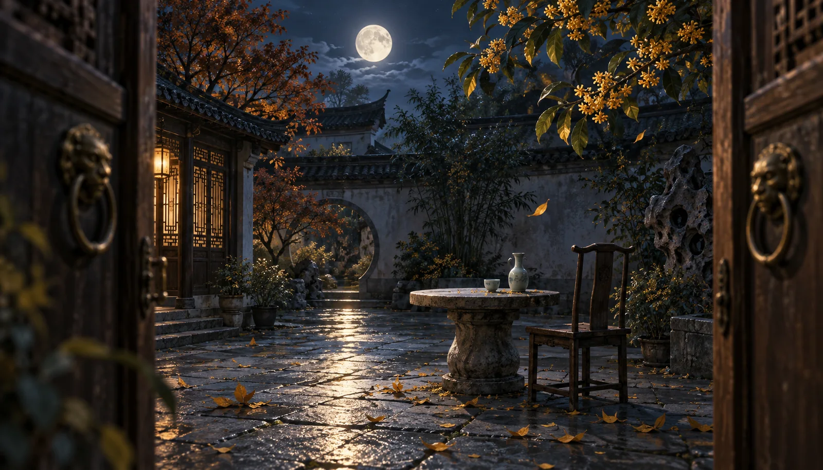 秋夜的小院里，酒壶与一只酒杯置于石桌，圆月照着桂花与落叶。