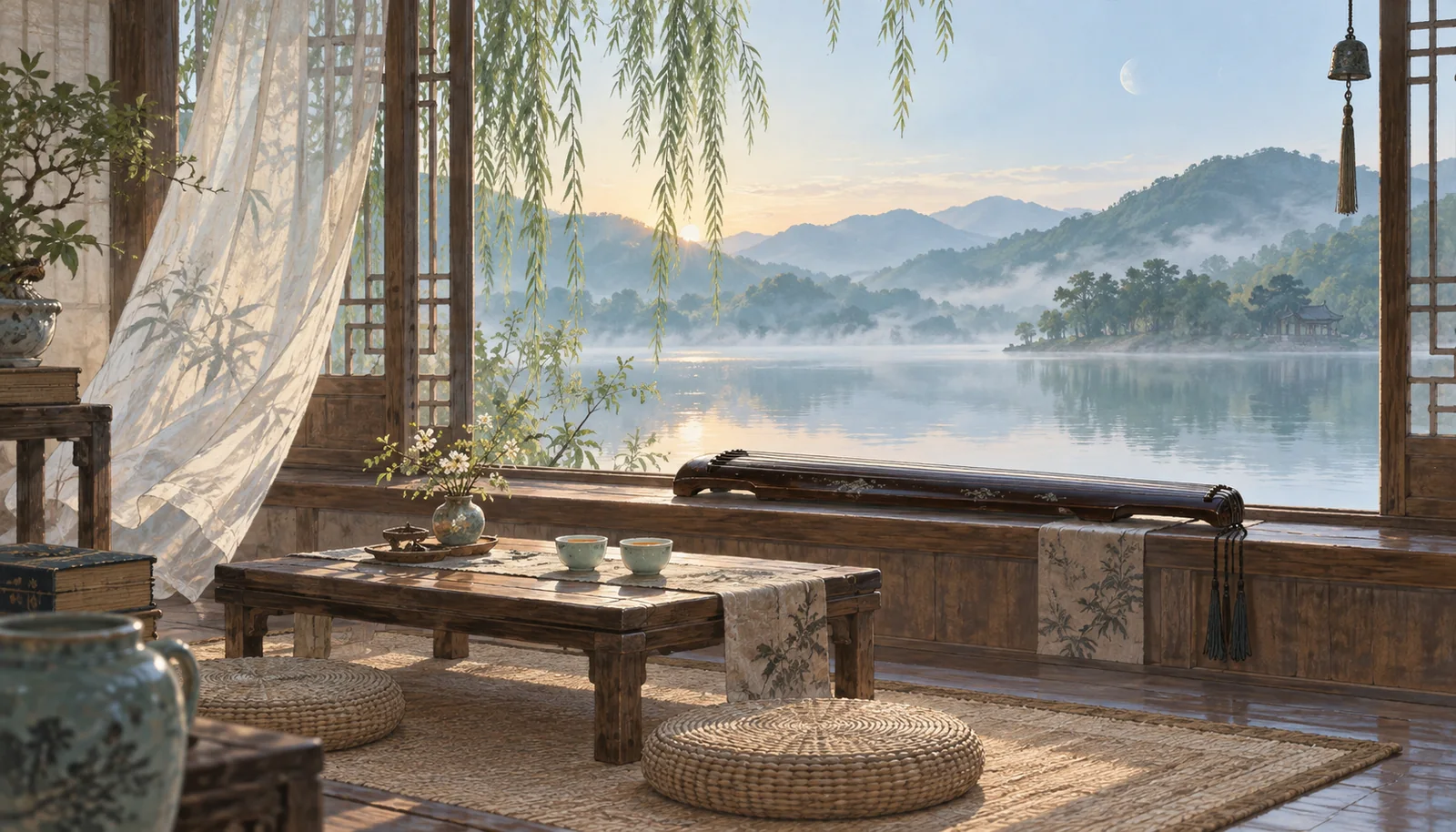 临湖的木窗旁，两只茶杯与一张古琴沐浴在清晨柔和的光里。